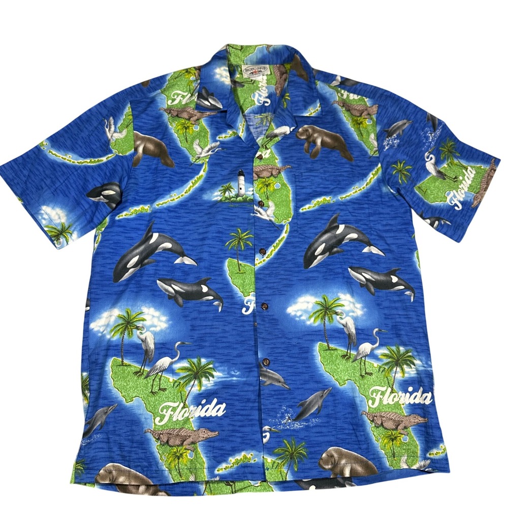 Vintage Y2K Button Down Pacific Legend Mens L Blue Florida Souvenir Orca Manatee